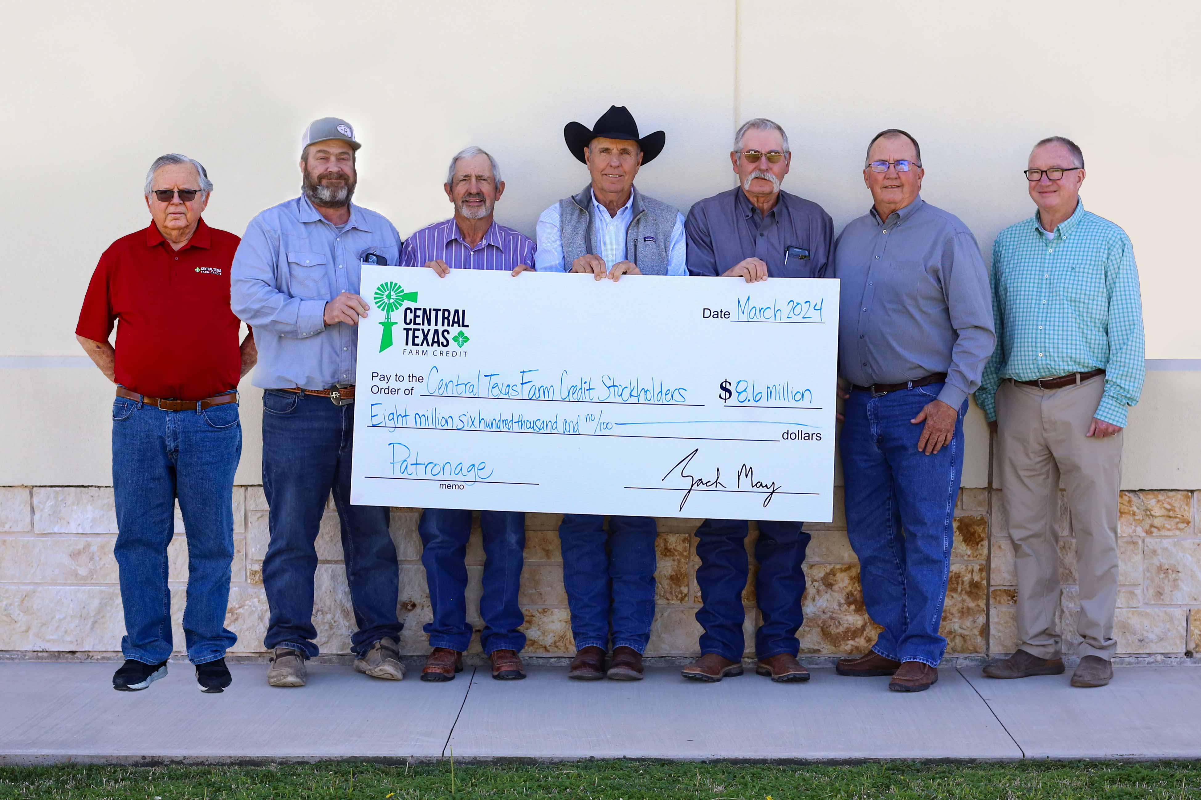 Central Texas Farm Credit Board of Directors approved a record patronage refund to customers. Pictured left from right: Burl Lowery, Robby Halfmann, Mike Finlay, Kenneth Harvick, Philip Hinds, Steven Lehrmann, and Gerald Rodgers. 